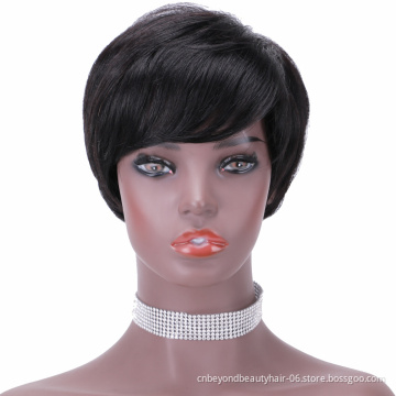 Natural Looking Short Human Hair Wigs Pixie Cut Dark Root Ombre Natural Black Wigs with Bangs Wigs for Women